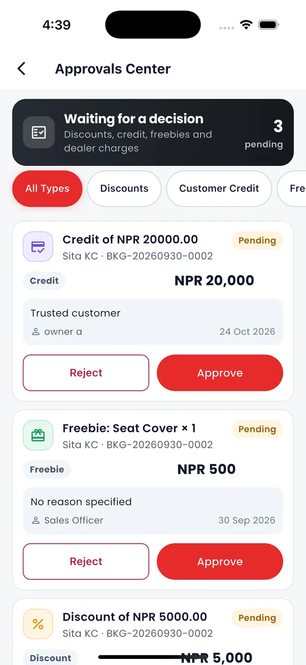 Approvals centre in the app