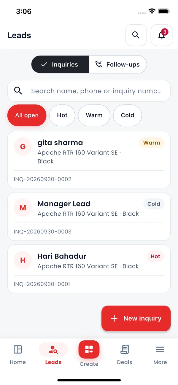 Leads and inquiries in the app