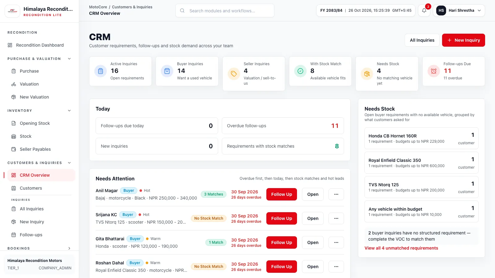 Buyer and seller CRM in MotoCore Recon-Lite