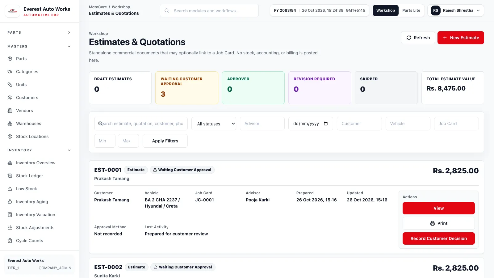 Estimates and quotations in MotoCore Workshop